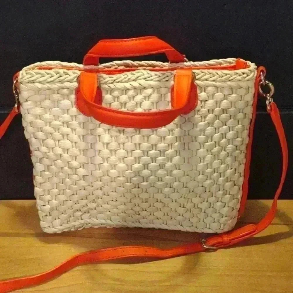 Talbots straw handbag with leather tangerine trim/strap